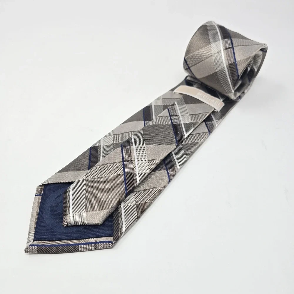 Michael Kors Mens Grey Plaid Silk Necktie Blue Accent Textured Formal Tie